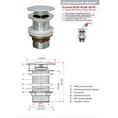 Umyvadlová výpusť click/clack G5/4" bez přepadu, chrom K753, bez přepadu