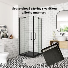 Sprchový kout AIRLINE BLACK R101, 100x100, se dvěma jednokřídlými dveřmi s pevnou stěnou, rohový vstup včetně sprchové vaničky z litého mramoru