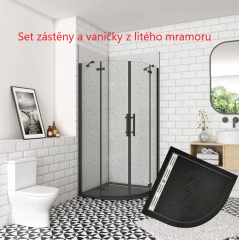 Čtvrtkruhový sprchový kout MELODY BLACK S2 90x90 cm s dvoukřídlými dveřmi, černý profil, včetně sprchové černé vaničky z litého mramoru