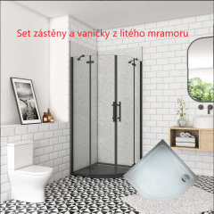 Čtvrtkruhový sprchový kout MELODY BLACK S2 80x80 cm s dvoukřídlými dveřmi, černý profil, včetně sprchové vaničky z litého mramoru