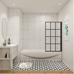 Vanová zástěna  V1 BLACK GRID 80 × 140 cm – otočná, černý rám, L/P varianta