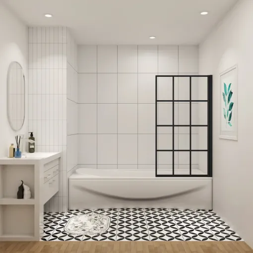 Vanová zástěna  V1 BLACK GRID 80 × 140 cm – otočná, černý rám, L/P varianta