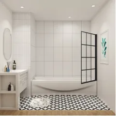 Vanová zástěna  V1 BLACK GRID 80 × 140 cm – otočná, černý rám, L/P varianta