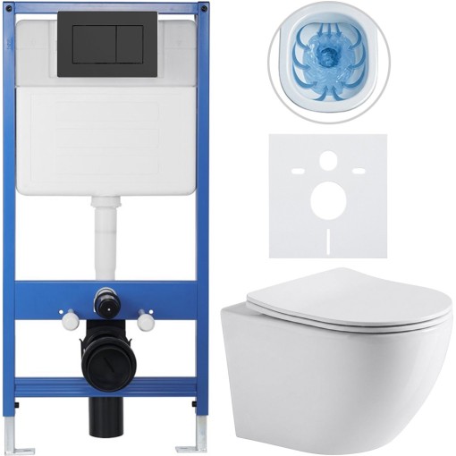 Kompletní podomítkový WC set Lite/Verde - bílá lesklá - WC tlačítko Classic, černé matné - předstěnová instalace/sádrokarton - 49x36 cm