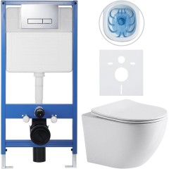 Kompletní podomítkový WC set Lite/Verde - bílá lesklá - WC tlačítko Slim, chrom - předstěnová instalace/sádrokarton - 49x36 cm