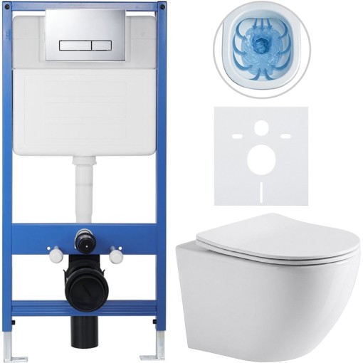 Kompletní podomítkový WC set Lite/Verde - bílá lesklá - WC tlačítko Slim, chrom - předstěnová instalace/sádrokarton - 49x36 cm