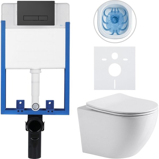 Kompletní podomítkový WC set Lite/Verde - bílá lesklá - WC tlačítko Slim, černé matné - k zazdění - 49x36 cm
