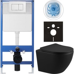 Kompletní podomítkový WC set Lite/Verde - černá matná - WC tlačítko Classic, bílé - předstěnová instalace/sádrokarton - 49x36 cm
