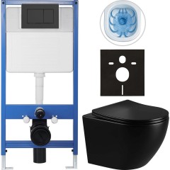 Kompletní podomítkový WC set Lite/Verde - černá lesklá - WC tlačítko Classic, černé matné - předstěnová instalace/sádrokarton - 49x36 cm