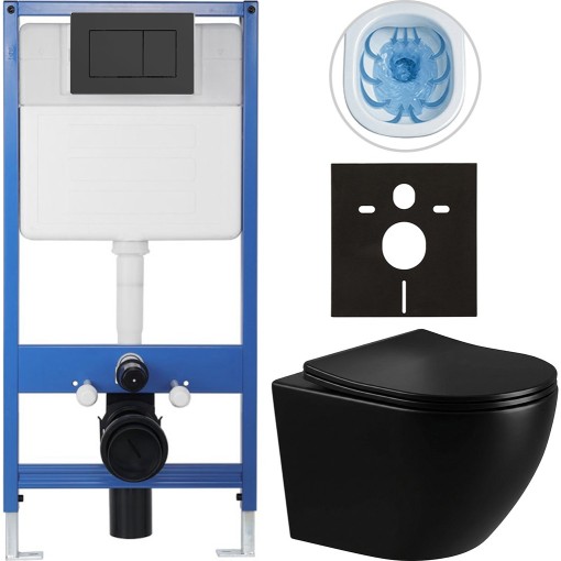 Kompletní podomítkový WC set Lite/Verde - černá lesklá - WC tlačítko Classic, černé matné - předstěnová instalace/sádrokarton - 49x36 cm