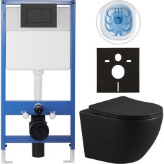 Kompletní podomítkový WC set Lite/Verde - černá matná - WC tlačítko Classic, černé matné - předstěnová instalace/sádrokarton - 49x36 cm