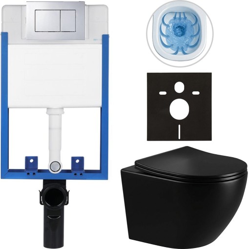 Kompletní podomítkový WC set Lite/Verde - černá lesklá - WC tlačítko Classic, chrom - k zazdění - 49x36 cm