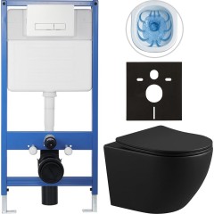 Kompletní podomítkový WC set Lite/Verde - černá matná - WC tlačítko Slim, bílé - předstěnová instalace/sádrokarton - 49x36 cm