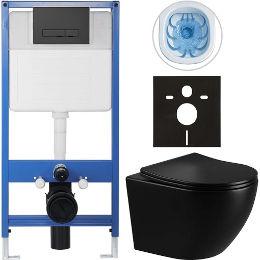 Kompletní podomítkový WC set Lite/Verde - černá lesklá - WC tlačítko Slim, černé matné - předstěnová instalace/sádrokarton - 49x36 cm