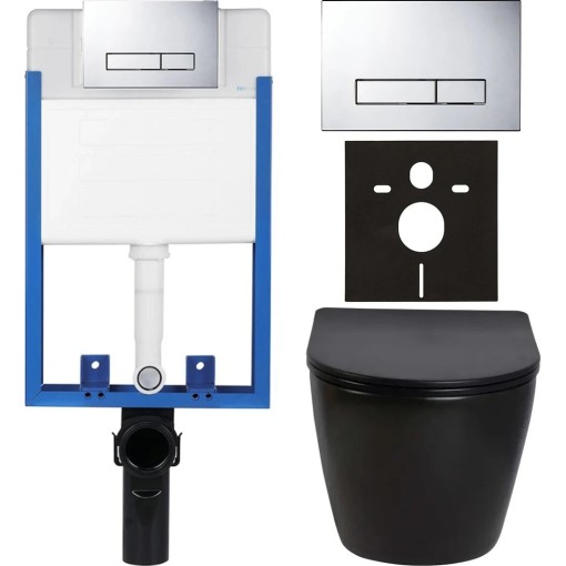 Kompletní podomítkový WC set Lite/Verde - černá lesklá - WC tlačítko Slim, chrom - k zazdění - 49x36 cm