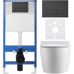 Kompletní podomítkový WC set Lite/Felci - bílá lesklá - WC tlačítko Slim, černé matné - předstěnová instalace/sádrokarton - 52,5x36 cm