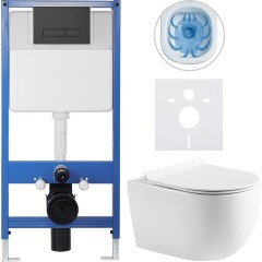 Kompletní podomítkový WC set Lite/Felci - bílá lesklá - WC tlačítko Slim, černé matné - předstěnová instalace/sádrokarton - 52,5x36 cm