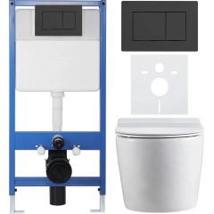 Kompletní podomítkový WC set Lite/Felci - bílá lesklá - WC tlačítko Classic, černé matné - předstěnová instalace/sádrokarton - 52,5x36 cm