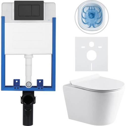 Kompletní podomítkový WC set Lite/Norbi - bílá lesklá - WC tlačítko Classic, černé matné - k zazdění - 48,5x36,5 cm