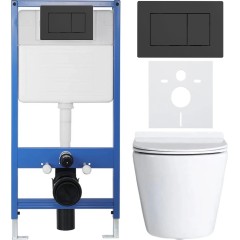 Kompletní podomítkový WC set Lite/Norbi - bílá lesklá - WC tlačítko Classic, černé matné - předstěnová instalace/sádrokarton - 48,5x36,5 cm