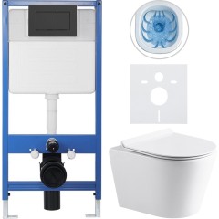 Kompletní podomítkový WC set Lite/Norbi - bílá lesklá - WC tlačítko Classic, černé matné - předstěnová instalace/sádrokarton - 48,5x36,5 cm