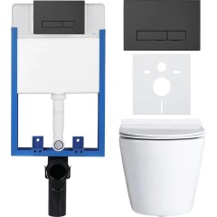 Kompletní podomítkový WC set Lite/Norbi - bílá lesklá - WC tlačítko Slim, černé matné - k zazdění - 48,5x36,5 cm