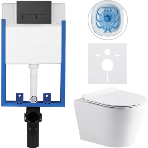 Kompletní podomítkový WC set Lite/Norbi - bílá lesklá - WC tlačítko Slim, černé matné - k zazdění - 48,5x36,5 cm