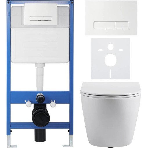 Kompletní podomítkový WC set Lite/Cesso - bílá lesklá - WC tlačítko Slim, bílé - předstěnová instalace/sádrokarton - 49x36 cm