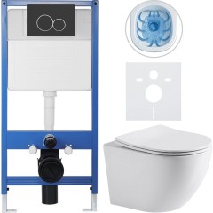 Kompletní podomítkový WC set Lite/Verde - bílá lesklá - WC tlačítko Duo, černá matná - předstěnová instalace - 49x36 cm