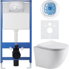 Kompletní podomítkový WC set Lite/Verde - bílá lesklá - WC tlačítko Duo, chrom - předstěnová instalace - 49x36 cm