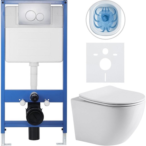 Kompletní podomítkový WC set Lite/Verde - bílá lesklá - WC tlačítko Duo, chrom - předstěnová instalace - 49x36 cm
