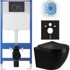 Kompletní podomítkový WC set Lite/Verde - černá lesklá - WC tlačítko Duo, černá matná - předstěnová instalace - 49x36 cm