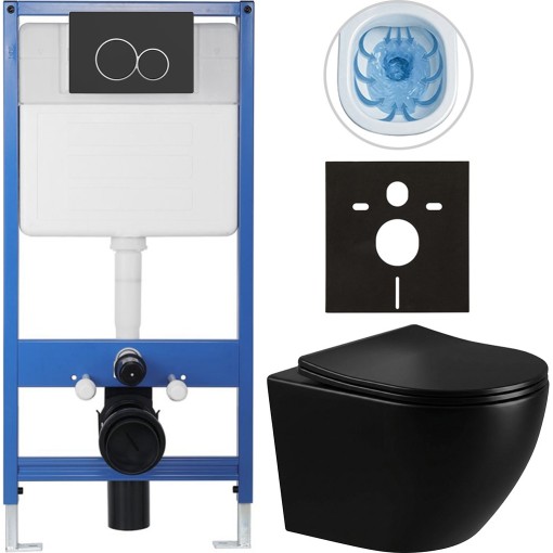 Kompletní podomítkový WC set Lite/Verde - černá lesklá - WC tlačítko Duo, černá matná - předstěnová instalace - 49x36 cm