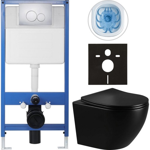 Kompletní podomítkový WC set Lite/Verde - černá lesklá - WC tlačítko Duo, chrom - předstěnová instalace - 49x36 cm