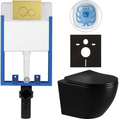Kompletní podomítkový WC set Lite/Verde - černá lesklá - WC tlačítko Duo, zlatá - k zazdění - 49x36 cm