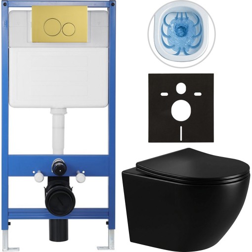 Kompletní podomítkový WC set Lite/Verde - černá lesklá - WC tlačítko Duo, zlatá - předstěnová instalace - 49x36 cm