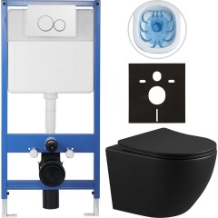 Kompletní podomítkový WC set Lite/Verde - černá matná - WC tlačítko Duo, bílá - předstěnová instalace - 49x36 cm