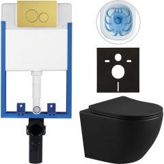 Kompletní podomítkový WC set Lite/Verde - černá matná - WC tlačítko Duo, zlatá - k zazdění - 49x36 cm