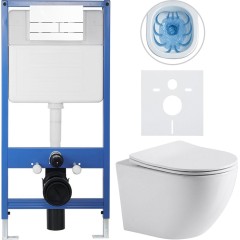 Kompletní podomítkový WC set Lite/Verde - bílá lesklá - WC tlačítko Line, bílá - předstěnová instalace - 49x36 cm