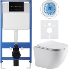 Kompletní podomítkový WC set Lite/Verde - bílá lesklá - WC tlačítko Line, černá matná - předstěnová instalace - 49x36 cm