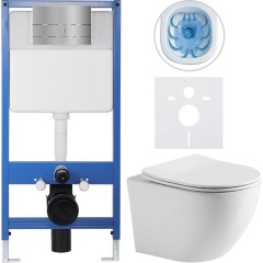 Kompletní podomítkový WC set Lite/Verde - bílá lesklá - WC tlačítko Line, nerez - předstěnová instalace - 49x36 cm