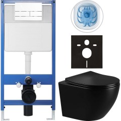 Kompletní podomítkový WC set Lite/Verde - černá lesklá - WC tlačítko Line, bílá - předstěnová instalace - 49x36 cm