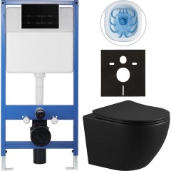 Kompletní podomítkový WC set Lite/Verde - černá matná - WC tlačítko Line, černá matná - předstěnová instalace - 49x36 cm