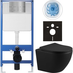Kompletní podomítkový WC set Lite/Verde - černá matná - WC tlačítko Line, nerez - předstěnová instalace - 49x36 cm