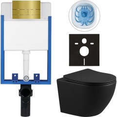 Kompletní podomítkový WC set Lite/Verde - černá matná - WC tlačítko Line, zlatá - k zazdění - 49x36 cm