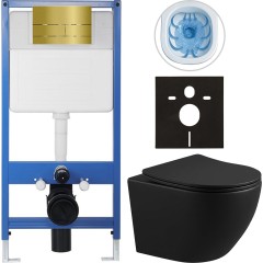 Kompletní podomítkový WC set Lite/Verde - černá matná - WC tlačítko Line, zlatá - předstěnová instalace - 49x36 cm