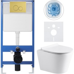 Kompletní podomítkový WC set Lite/Norbi - bílá lesklá - WC tlačítko Duo, zlatá - předstěnová instalace - 48,5x36,5 cm