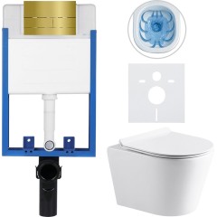 Kompletní podomítkový WC set Lite/Norbi - bílá lesklá - WC tlačítko Line, zlatá - k zazdění - 48,5x36,5 cm