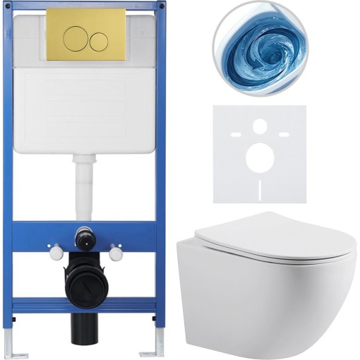 Kompletní podomítkový WC set Lite/Cesso - bílá matná - WC tlačítko Duo. zlatá - předstěnová instalace - 49x36 cm