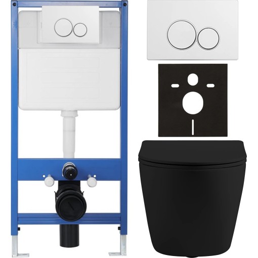 Kompletní podomítkový WC set Lite/Cesso - černá matná - WC tlačítko Duo, bílá - předstěnová instalace - 49x36 cm